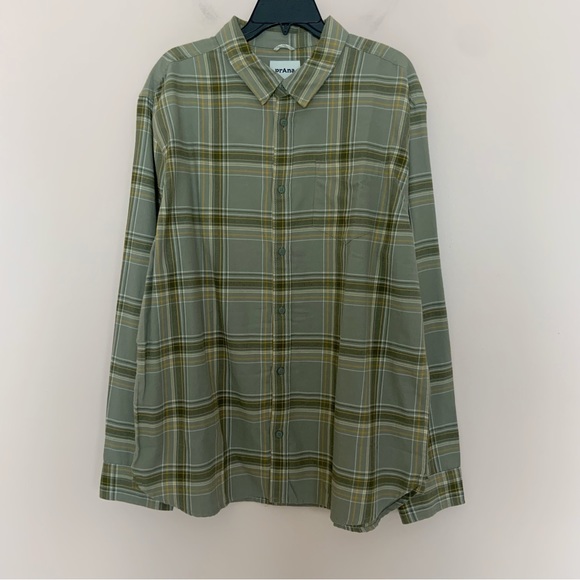 NWT New Prana Green and Yellow Los Feliz Flannel Button Down Shirt in Sage - Picture 2 of 5